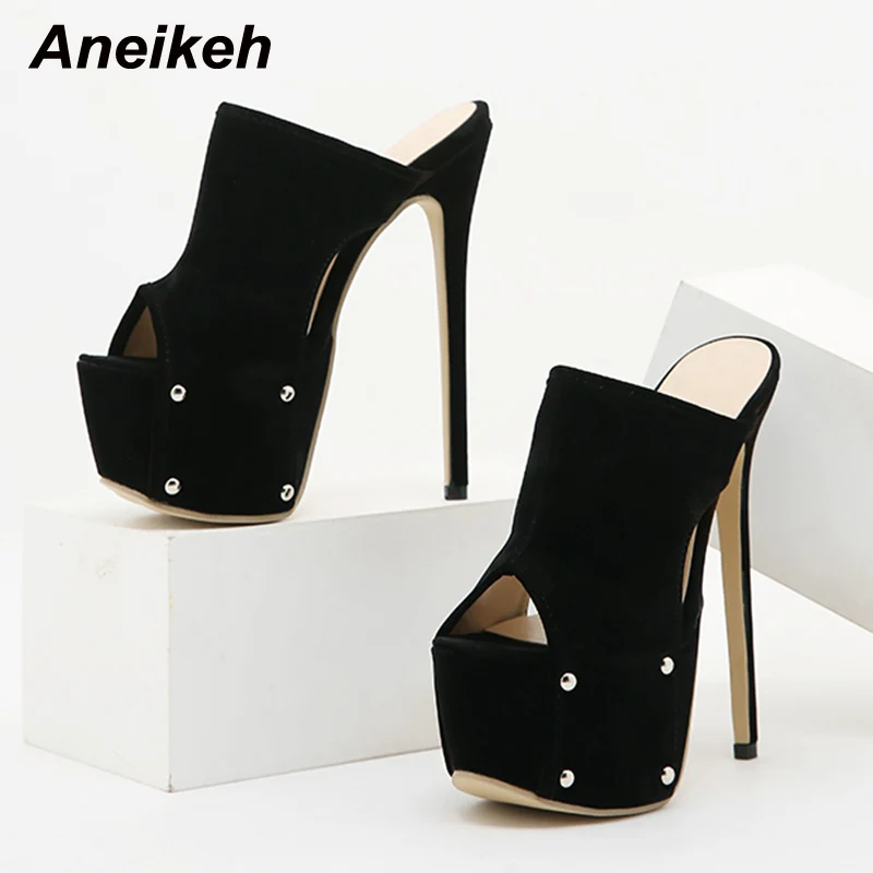 

Aneikeh Fashion New Rivet Decoration Flock Peep Toe Platform Thin Heel Nightclub Slipper Black Slip-On 35-42 Zapatillas Mujer