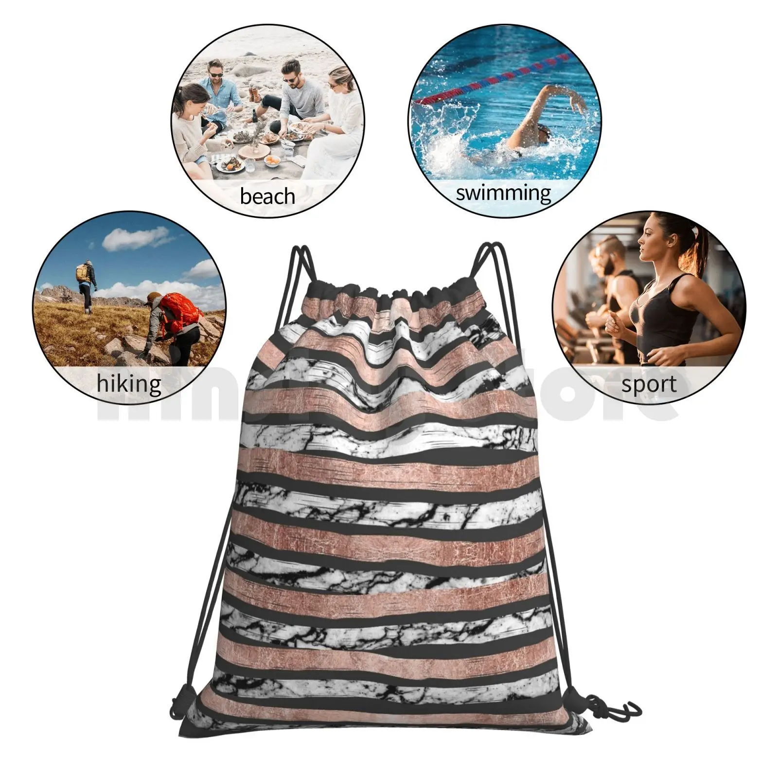 

Black White Marble Rose Gold Brushstrokes Backpack Drawstring Bags Gym Bag Waterproof Modern Marble Brushstrokes Rose