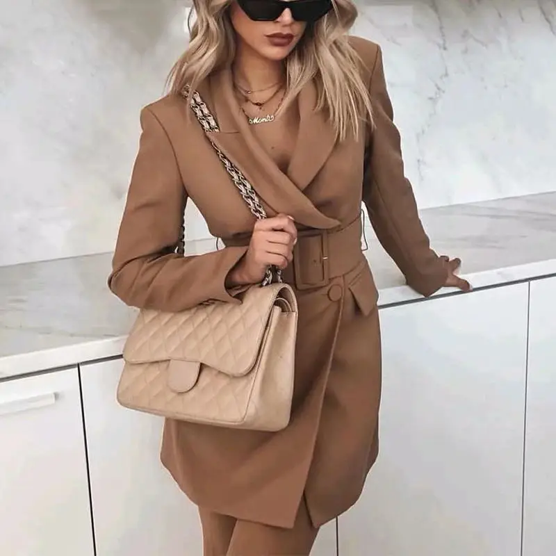 

OL Dresses Fashion Office Lady Khaki Button Blazer Dress Women Long Sleeve Casual High Waist Belt Dress Elegant Lapel Work Wear
