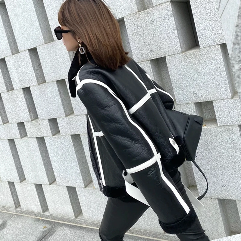 

Winter Coat Women Short Jacket Moto & Biker Style Natural Real Sheep Fur Genuine Leather Clothes Striped Thick Warm