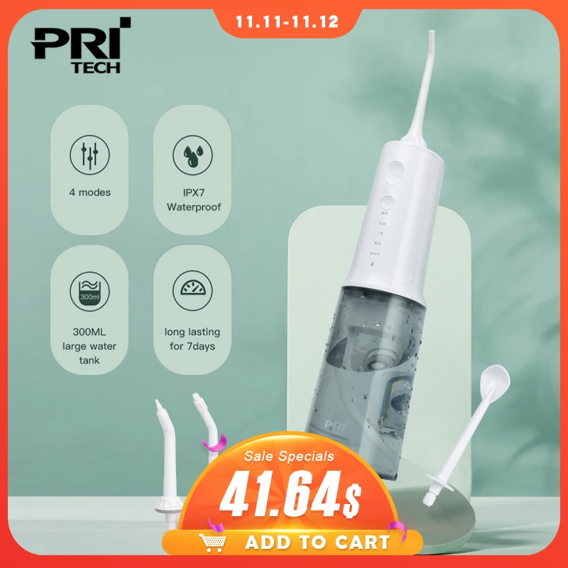 

Rechargeable Oral Irrigator Portable Dental Teeth Cleaner IPX7 Waterproof 4 Nozzles Water Jet 300ml Water Tank Portable