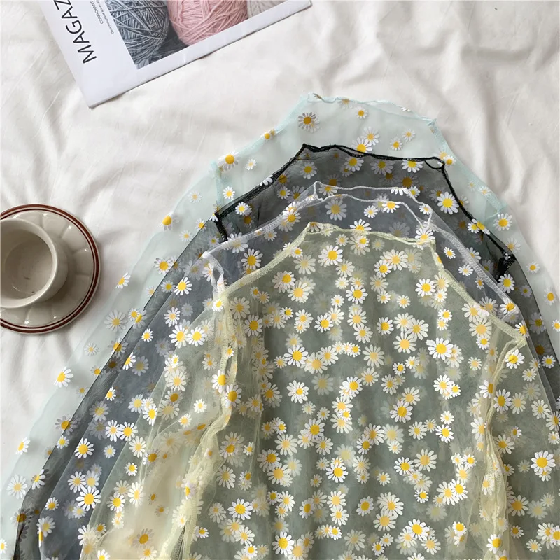 

Summer Autumn Women Casual Mesh Pattern Daisy Flower Printed Blouse Tops Girls Mesh Shirts See Through Shirt For Female
