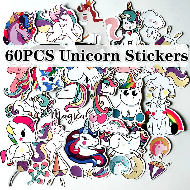 

60Pcs Unicorn Sticker Waterproof Graffiti Sticker Cartoon Personality Car Computer Skateboard Guitar Suitcase Stickers