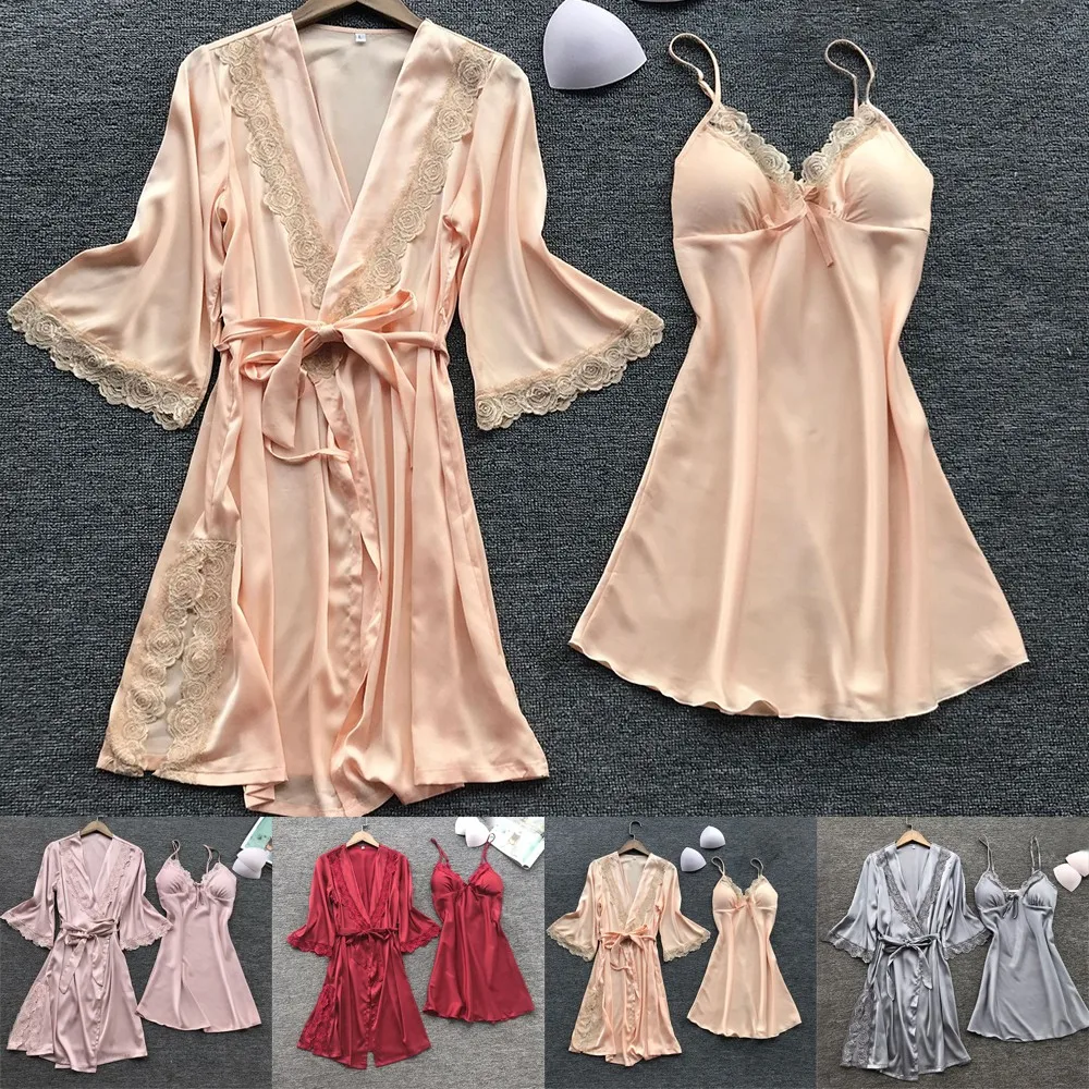 

2 Piece Pajamas Set Sexy Lace Stain Women Pajamas Faux Silk Pyjamas Dressing Gown Lace Robe Sleepwear W/ Chest Pads