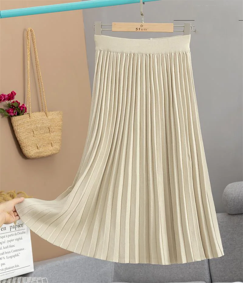 SINGRAIN Women Knitted Pleated Skirt Autumn Winter Korean Casual Loose Thick Warm A-line High Waist Long Sweater Skirts | Женская одежда