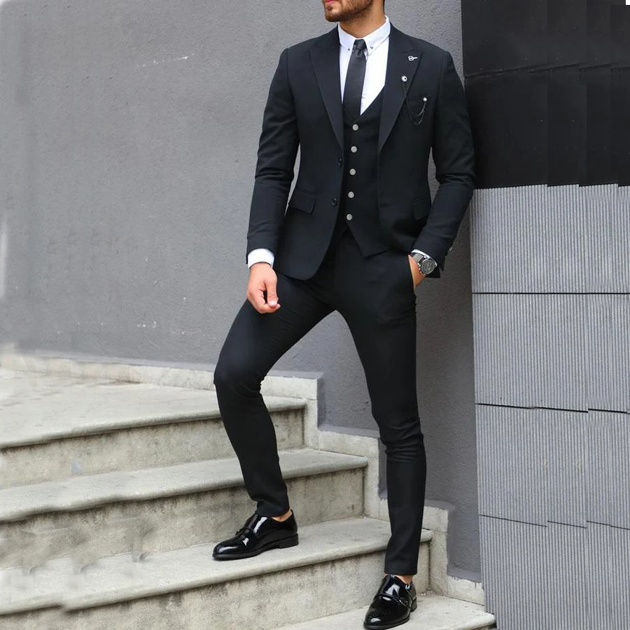 

Terno Masculino New 3 Pieces Black Two Button Mens Suit 2021 Slim Fit Tailor Made Groom Wear Wedding Business Tuxedos Blazer
