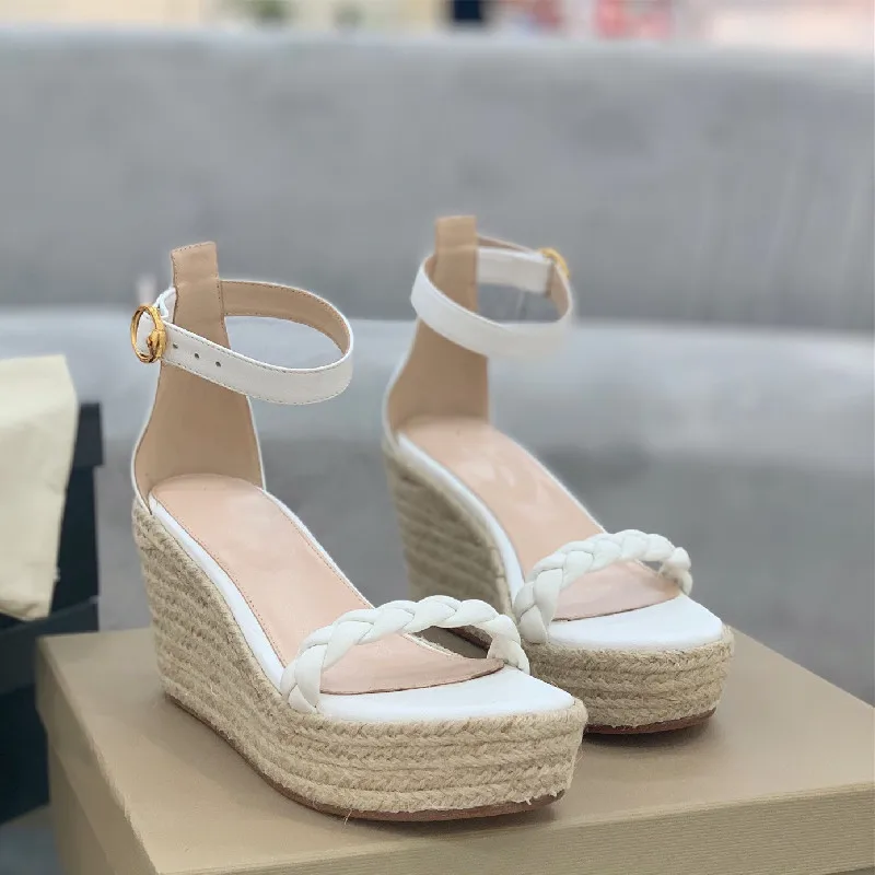 

Summer Design Winding Straw Woven Ladies Thick-Soled Real Sheepskin Ladies Wedge Sandals High Heels Buckle Belt Beach Sandals