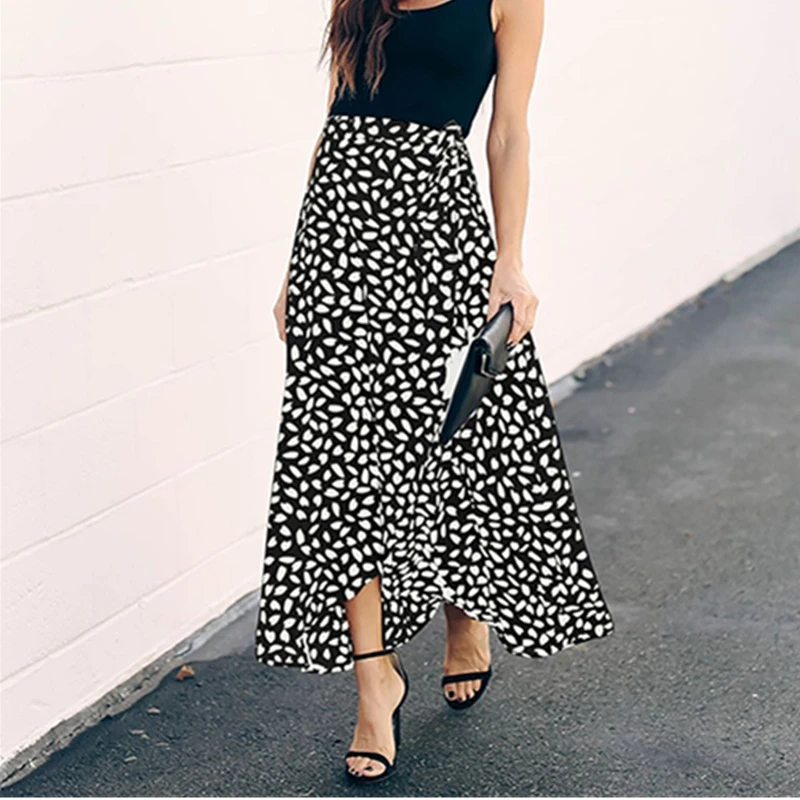 

Summer Skirt Women Polka Dot Print Long Maxi Fashion 2021 White Black Split High Waist A-Line knee length Sun Wrap Skirt Female