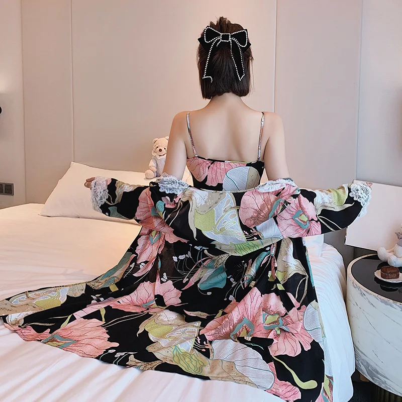 

Lace Trim Flower Kimono Robe Gown Female Sleepwear Sexy 2PCS Bathrobe&Nightgown Suit V-Neck Nightwear Casual Intimate Lingerie
