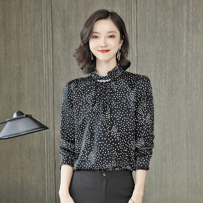 

Women's Mulberry Silk Shirt Stand Collar Long Sleeve Slim Tops Wave Point Fashion Satin Blouse