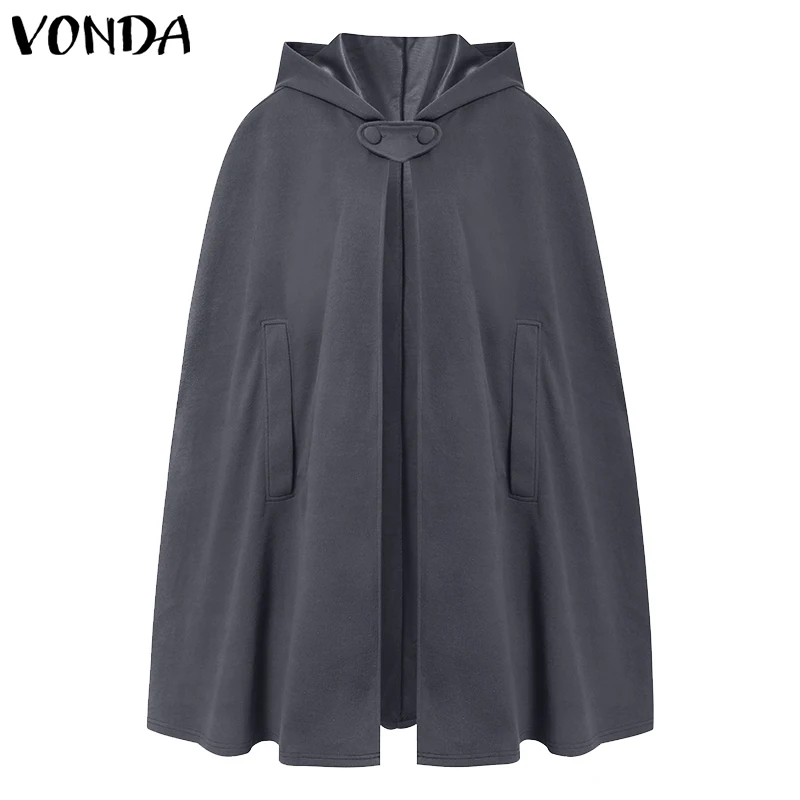 

3 Colors Autumn Solid Jackets Coats Women Cape 2021 VONDA Female Cardigan Vintage Casual Coats Hooded Buttons Outwears Plus Size