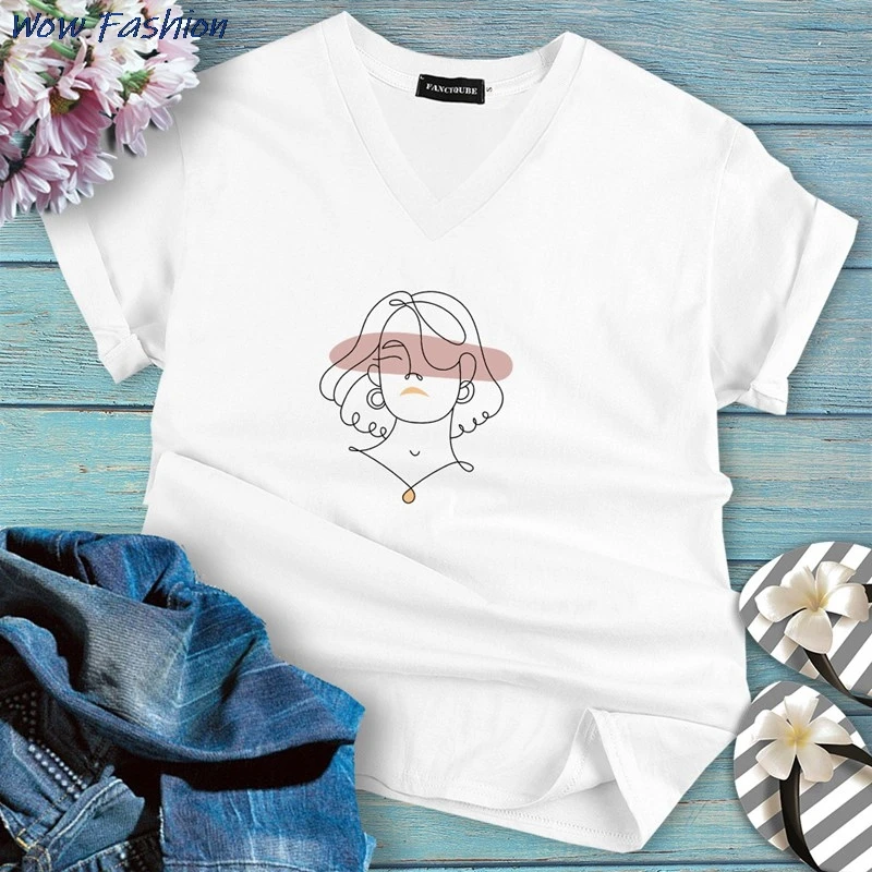 

New Fashion Woman's T-Shirt Korean Casual V-Neck Hit Color Character Print Short Sleeve Oversized Cotton Tees Female 2021
