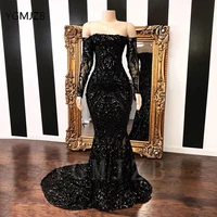 off the shoulder sparkly sequin prom dresses 2022 black girl mermaid long sleeve african women formal party evening gala gowns