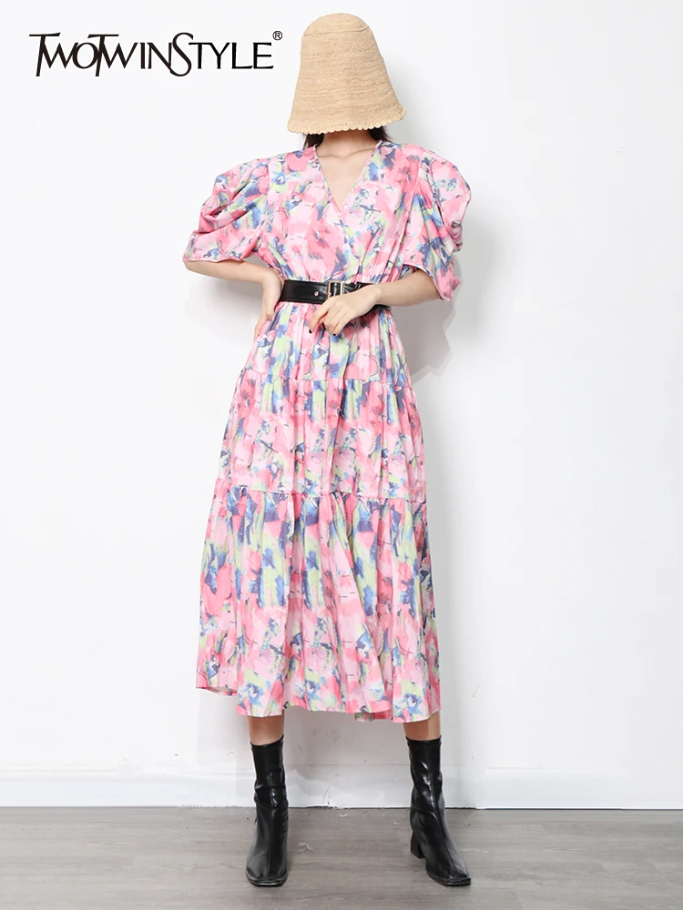 

TWOTWINSTYLE Print Vintage Pink Dress For Women V Neck Puff Short Sleeve High Waist Sashes Casual Dresses Female Fashion New