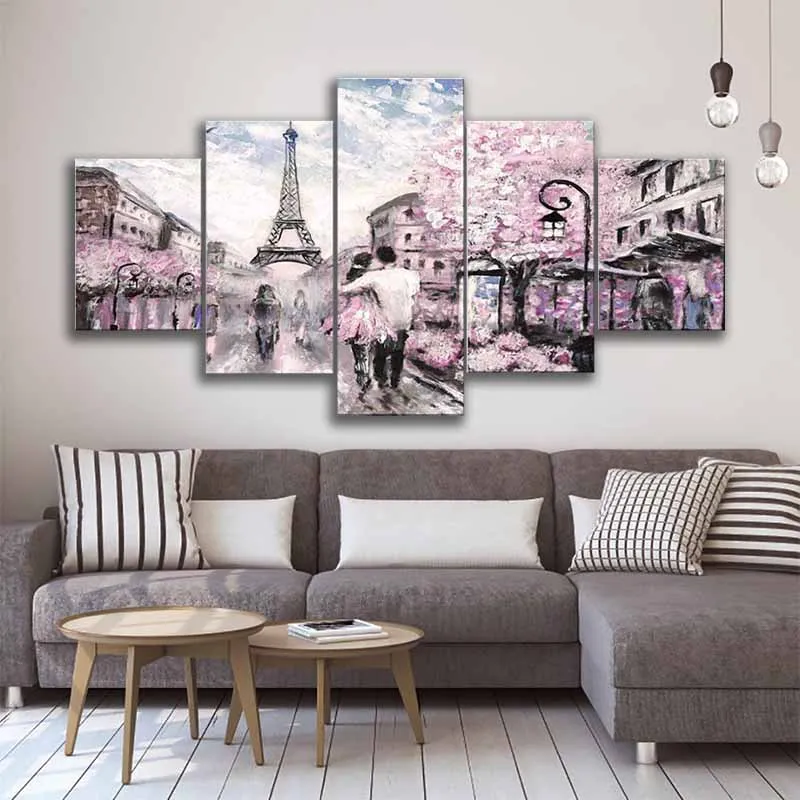 

5 Panels The Couple Walking in The Rain Eiffel Tower Romantic Paris Wall Decor for Bedroom framed Canvas Painting Wall Art for