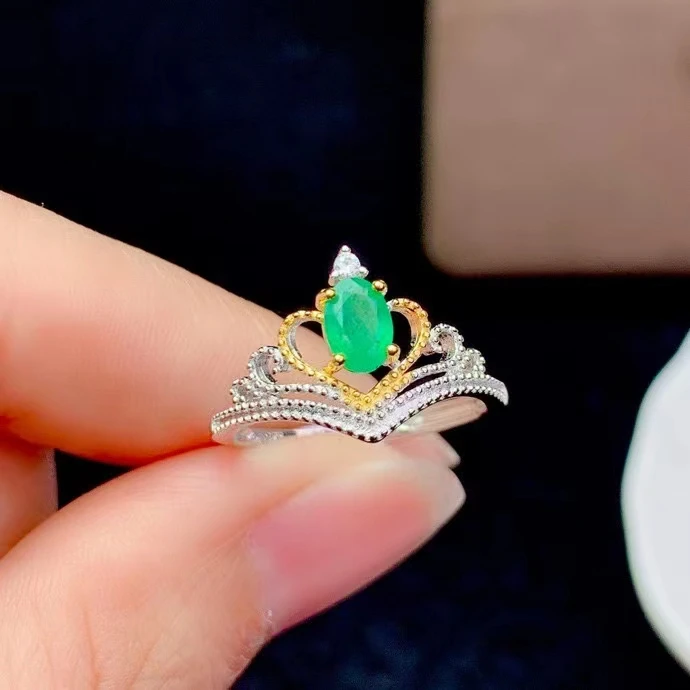 

Fashion elegance cute crown wave Natural gem stone Ring Natural green Emerald ring S925 silver women's girl party gift Jewelry