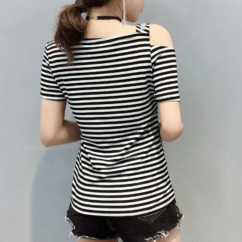 Женская футболка с открытыми плечами летняя хлопковая короткими рукавами модель