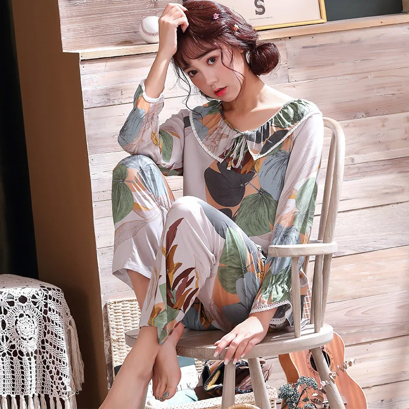 

JULY'S SONG 2 Pieces Women's Pajamas Floral Printed Sleepwear Female Long Sleeve Elastic Waist Nightwear Women's Pajamas Set