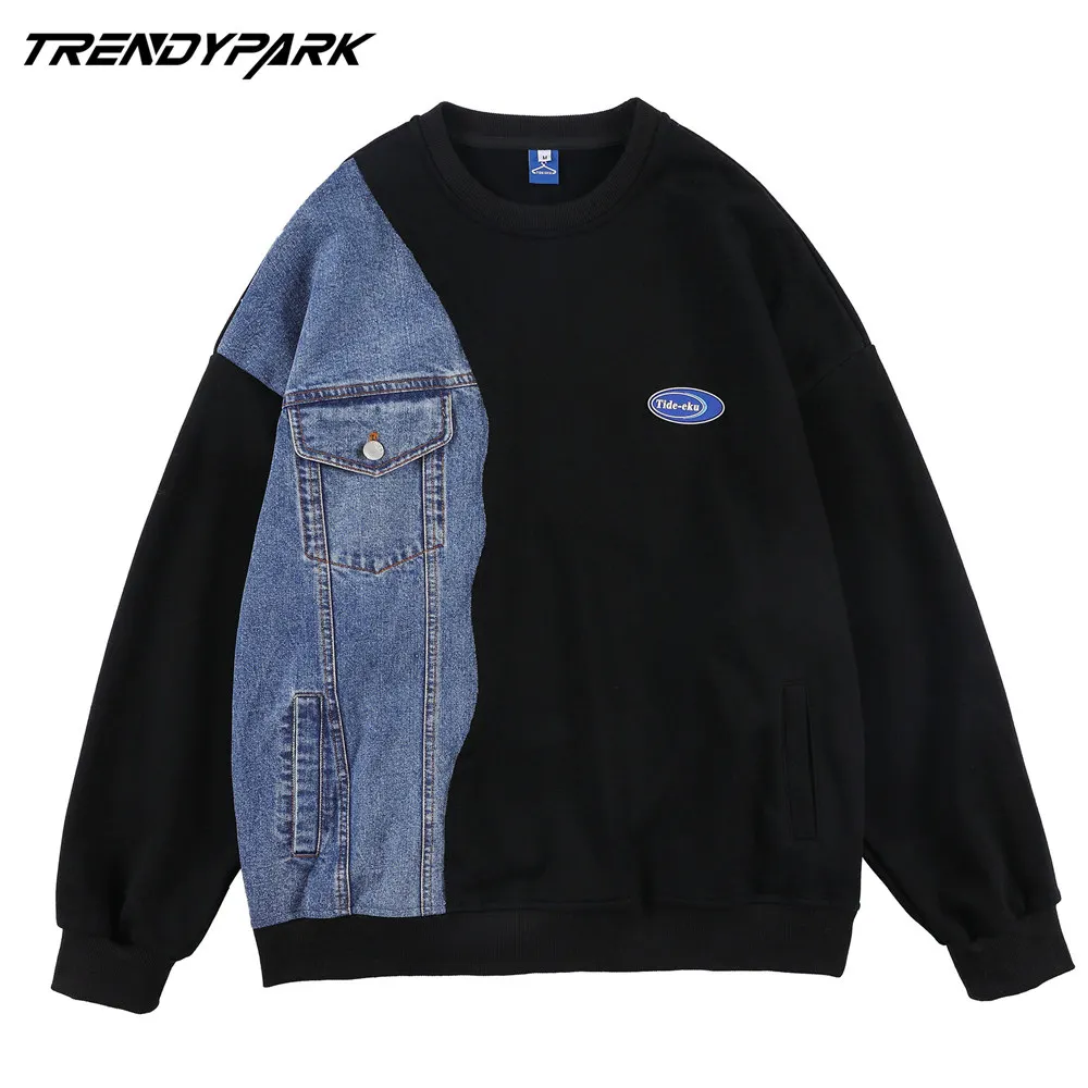 

Sweatshirt for Men Streetwear Creative Patchwork Pullover Cotton Loose Black No Hood Hoodie Oversized Hip Hop Sweat Shirt