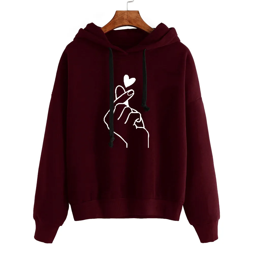 Women's Hoodies Long Sleeve Finger Heart Love Print Sweatshirt Jumper Pullover Hoodie Tops Plus Size 2021 New Толстовка Женская