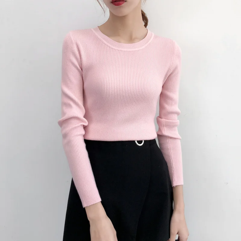 Осенне-зимние женские свитера с длинным рукавом однотонные пуловеры круглым