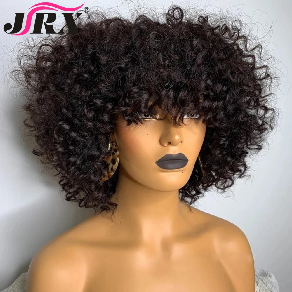 Peruvian Curly Human Hair Wigs with Bangs Short Bob Jerry Curly Full Machine Made Wigs for Black Women Remy Fringe Wigs