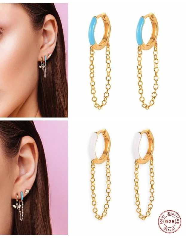 

2021 Long Chain Circle Hoop Earrings for Women Sterling Silver Enamel Earing Dangle Earrings Jewelry Pendientes Plata Luxury