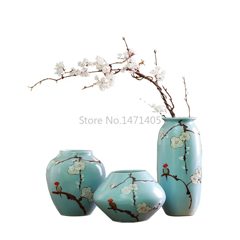 

NEW CHINESE CERAMIC VASE SOFT DECORATION HOME CRAFTS HAND PAINTED PORCELAIN BLUE GLAZE WHITE PLUM BIRD VASE HOME DECORATION