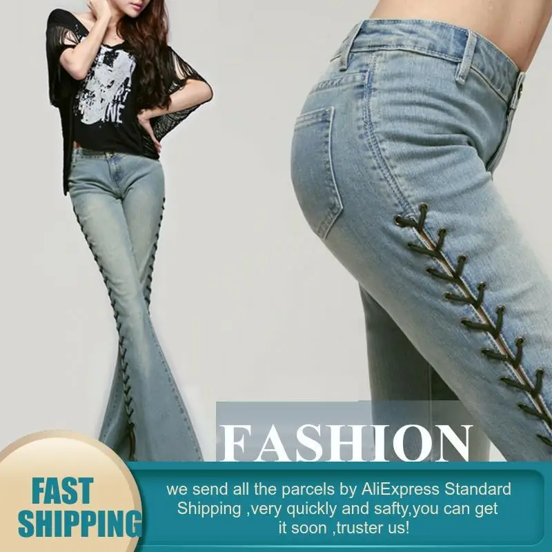 Новинка 2020 синие Облегающие расклешенные джинсы со шнуровкой женские с разрезом