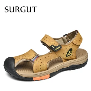 Мужские пляжные кожаные сандалии SURGUT, светло-коричневые римские сандалии, шлепанцы, тапки, кроссовки, обувь для лета, 2019