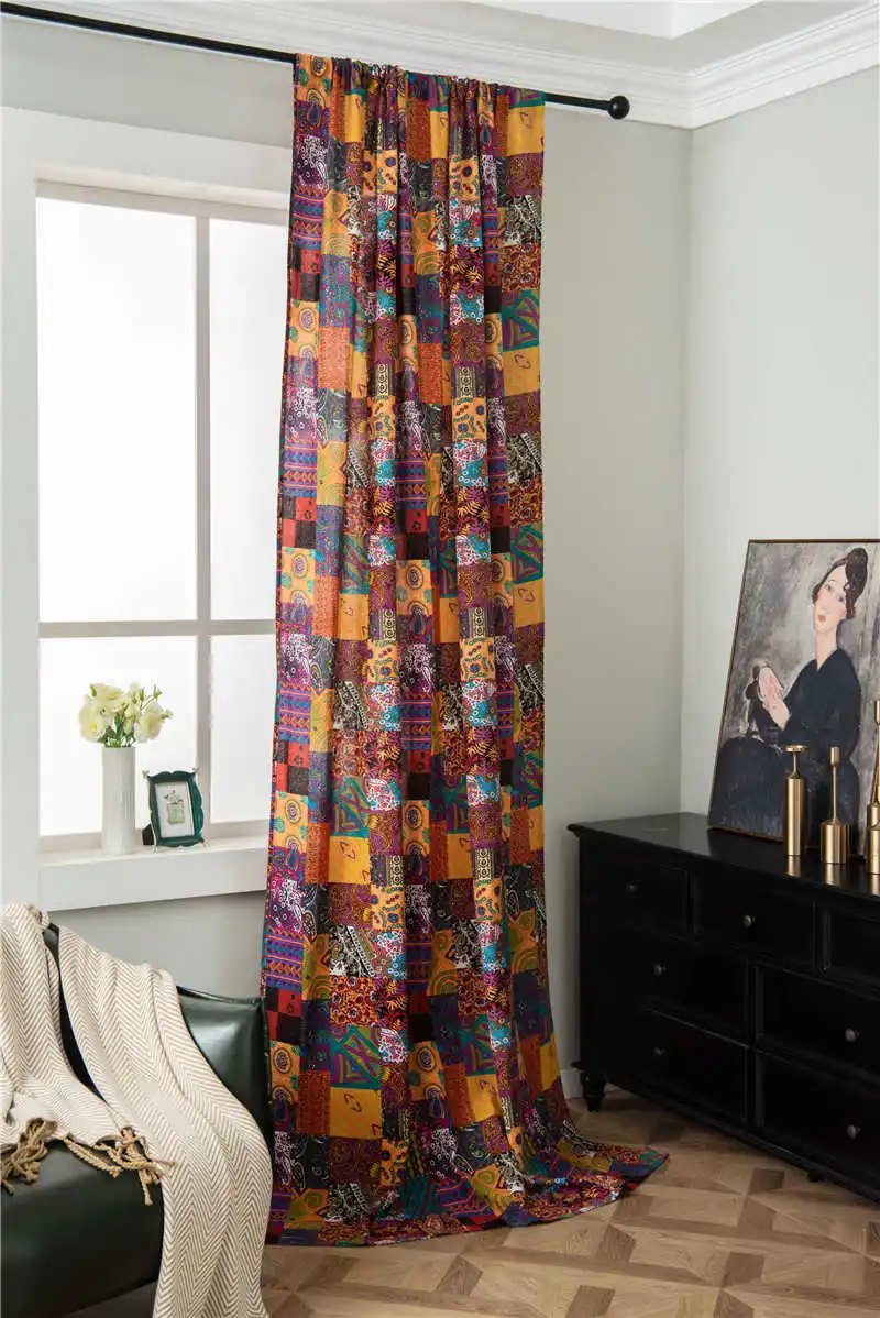 

1PCS 1.4M Wide Cotton Linen Curtain Bohemian Ethnic Style Retro Semi-blackout Hotel Curtains