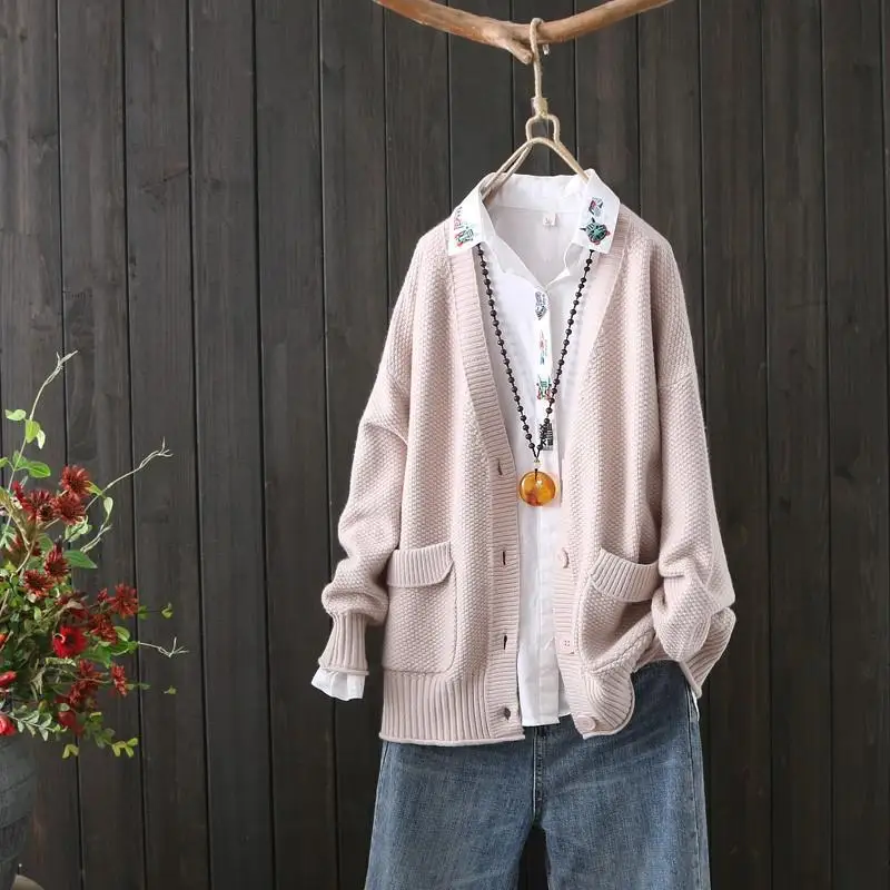 

Вязаный Кардиган с длинным рукавом и V-образным вырезом, Женская свободная осенне-зимняя одежда, новинка 2022, свитер, куртка, повседневный топ...