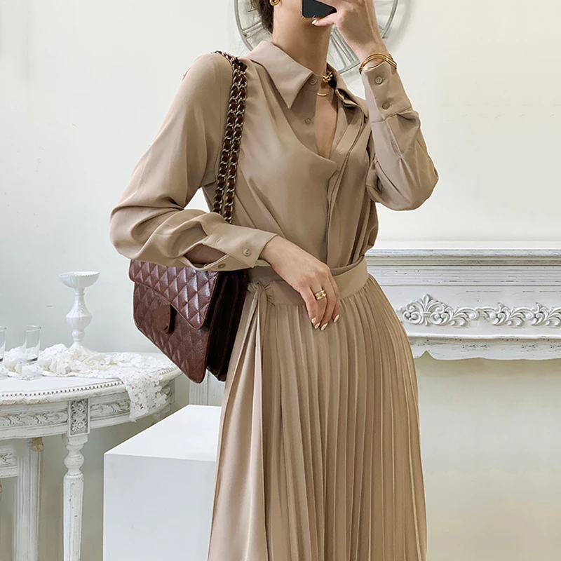 

Turn-down Collar Shirt Dresses Women Elegant Autumn Vintage Spring 2022 A-Line Party Woman Dress High Waist Luxury Long Sleeve