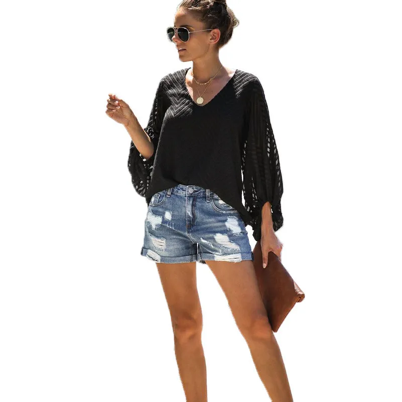 Шорты женские джинсовые с завышенной талией повседневные рваные кисточками в