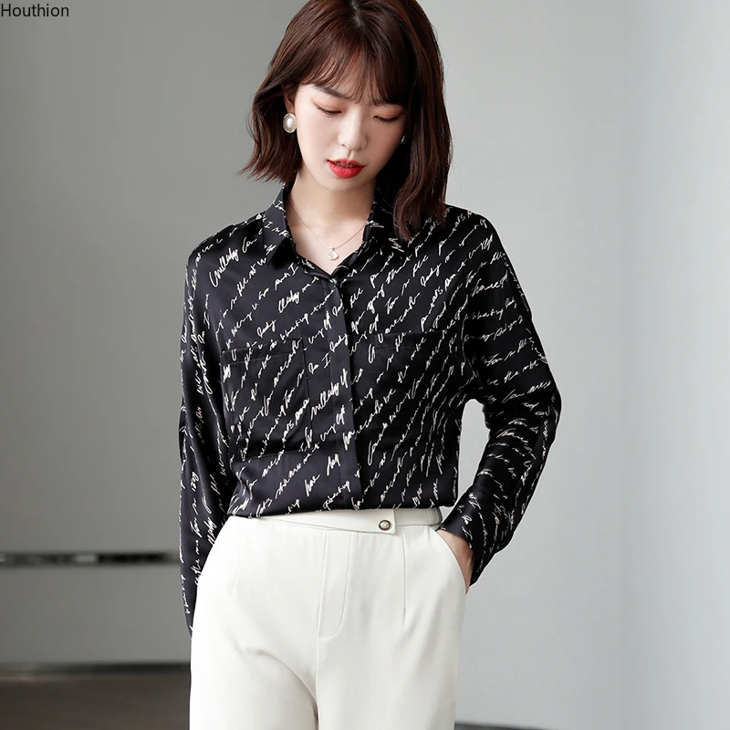 

Silk Women's Blouse Plus Size Polo Casual Girl's Shirt New Loose Print Fashion Long Sleeve Top Lady Blusas Houthion