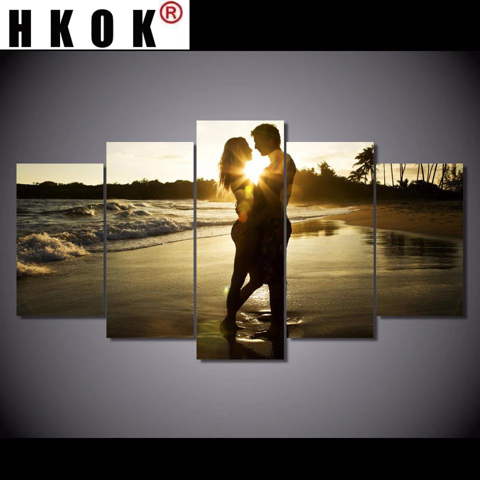 Живопись HKOK современного искусства настенное украшение 5 панелей "Любовники под восходом солнца" фото картина холст модульной картина плакат.
