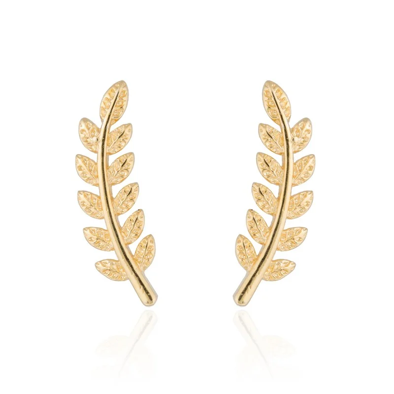 

2021 Wholesale Boho Stainless Steel Ear Tiny Leaf Earring Leaves Feather Branch Crawlers Stud Earrings for Girls Bridal Bijoux