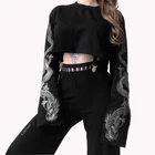 Женский Свободный свитшот с принтом дракона, повседневный черный Свитшот с круглым вырезом и длинным рукавом, уличная одежда XZ617