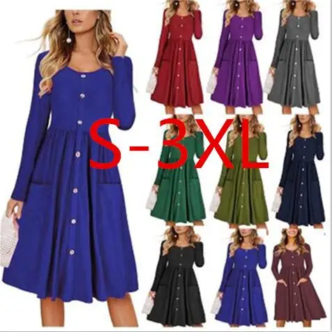 

1 X Long Sleeve O-Neck Pockets Button Women Summer Autumn Midi Shirt Dress Sexy Casual A-Line Beach Sundress Ladies Dress