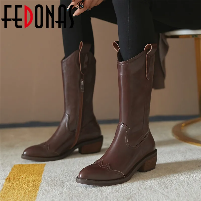 Женские сапоги до середины икры FEDONAS черные из натуральной кожи на толстом
