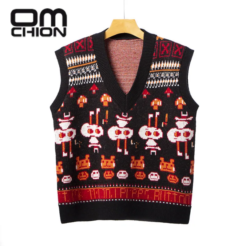 

OMCHION Sueter, новинка весны 2021, вязаный коричневый свитер без рукавов с V-образным вырезом, жилет, шикарный пуловер для студентов с винтажным прин...