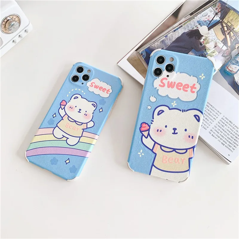 

Cute Little white bear soft Case For iPhone 11 12 Pro Max mini 7 8 Plus XR X XS MAX SE 2 luxury Silk pattern phone cover fundas