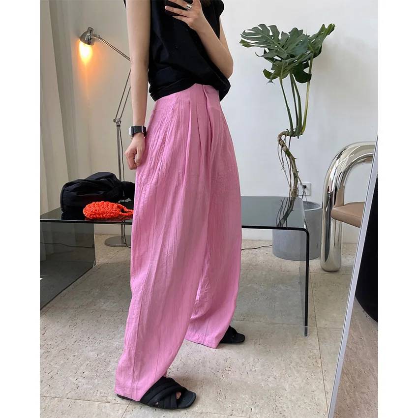 

Pants Women Fashion Wide Leg Pants Loose Plus Trousers Summer Casual Pleated Large Size Elastic Waist Soft Slim Female Slacks