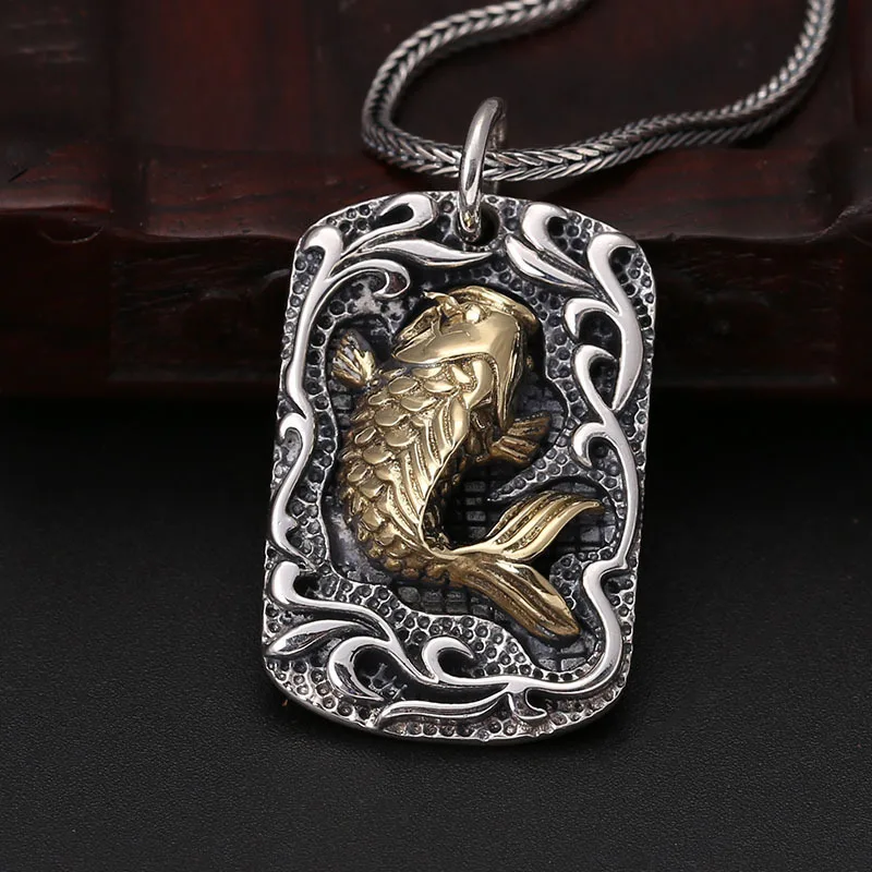 

100% 925 Sterling Silver colour Vintage Tags Pendant For Men And Women Gold Color Fish Engraved Fine Jewelry free delivery gift