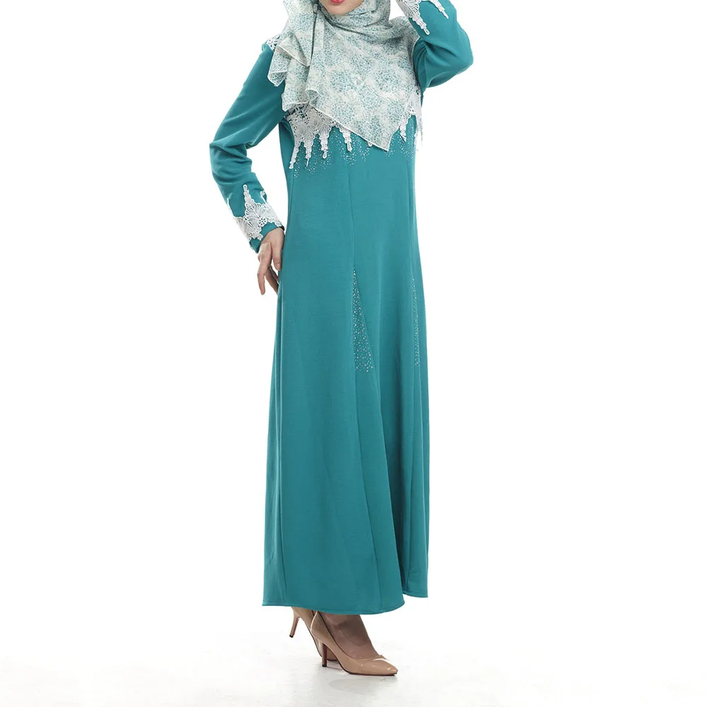 

Muslim Women Dress Spring Autumn Fashion Temperament Loose Casual Elegant Designer Lace Solid Color Round Neck Long Sleeve 2021