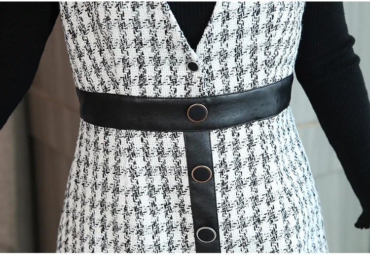 Женское однобортное платье на бретельках клетчатое твидовое вечернее с v образным вырезом Осень зима