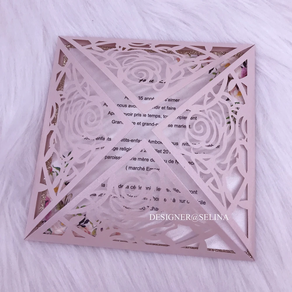 Пригласительные розовые золотые блестящие приглашения на свадьбу с лазерной