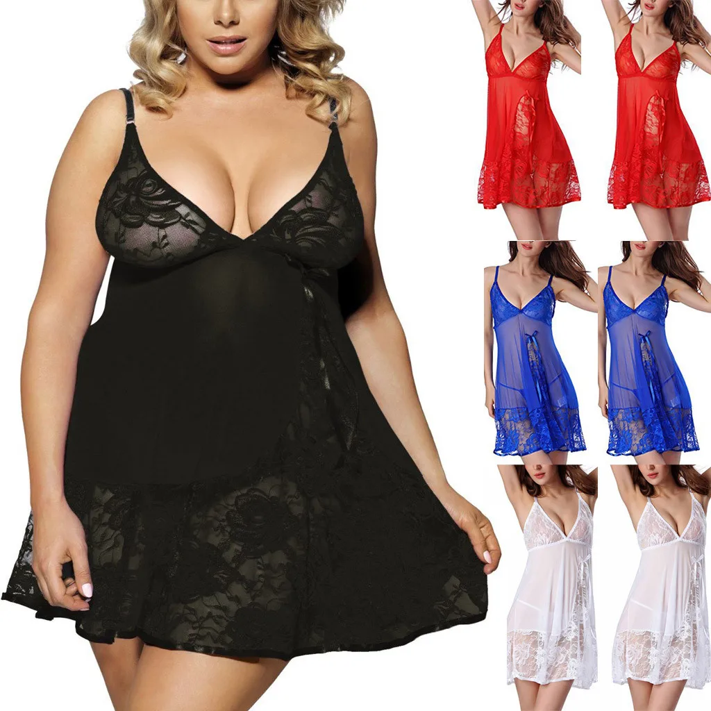 

3XL Women Hollow Lace Sexy Lingerie V-neck Backless Sling Sleepwear Mini Mesh Nightgown See Through Babydoll Loose Dress A50