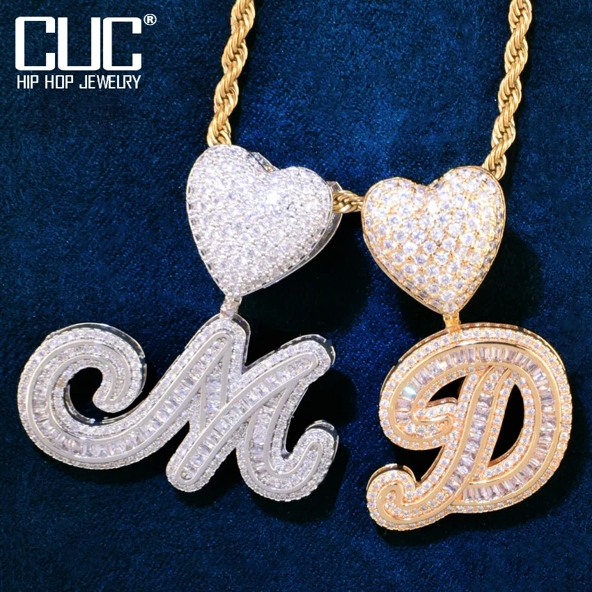 

Heart Bail Baguette Initial Cursive Letter Pendant For Men Women Micro Pave Zircon A-Z Name Necklace Chain Hip Hop Jewelry