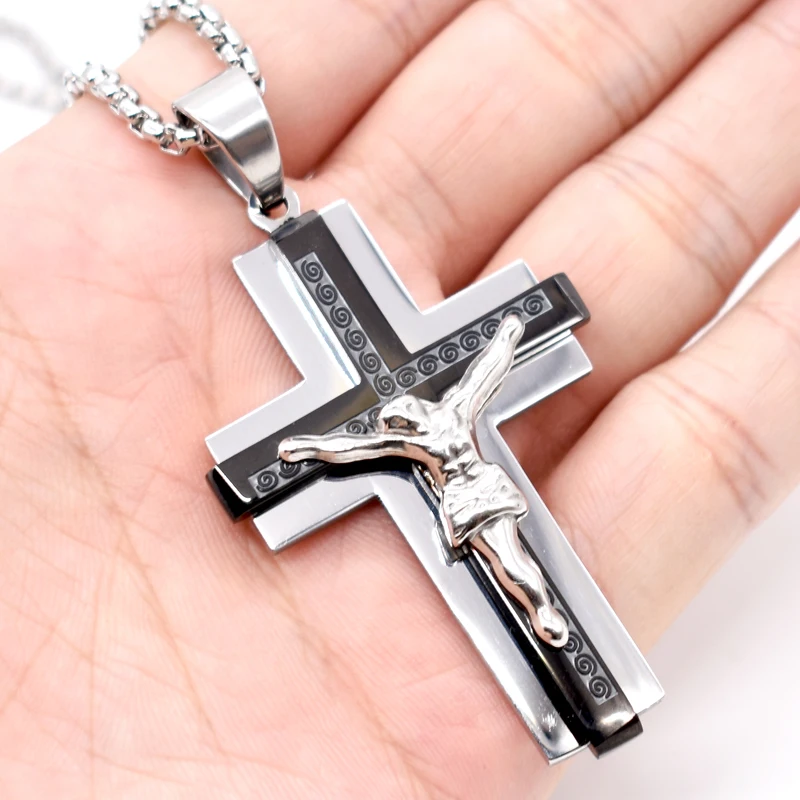 AMUMIU Jesus Crucifix черное ожерелье подвеска из нержавеющей стали крест кулон хип хоп
